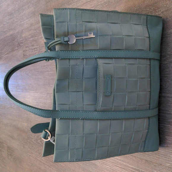 Fossil Handbags - Fossil Carmen Leather Tote Light Blue Key Charm EUC Woven Pattern Cross Body